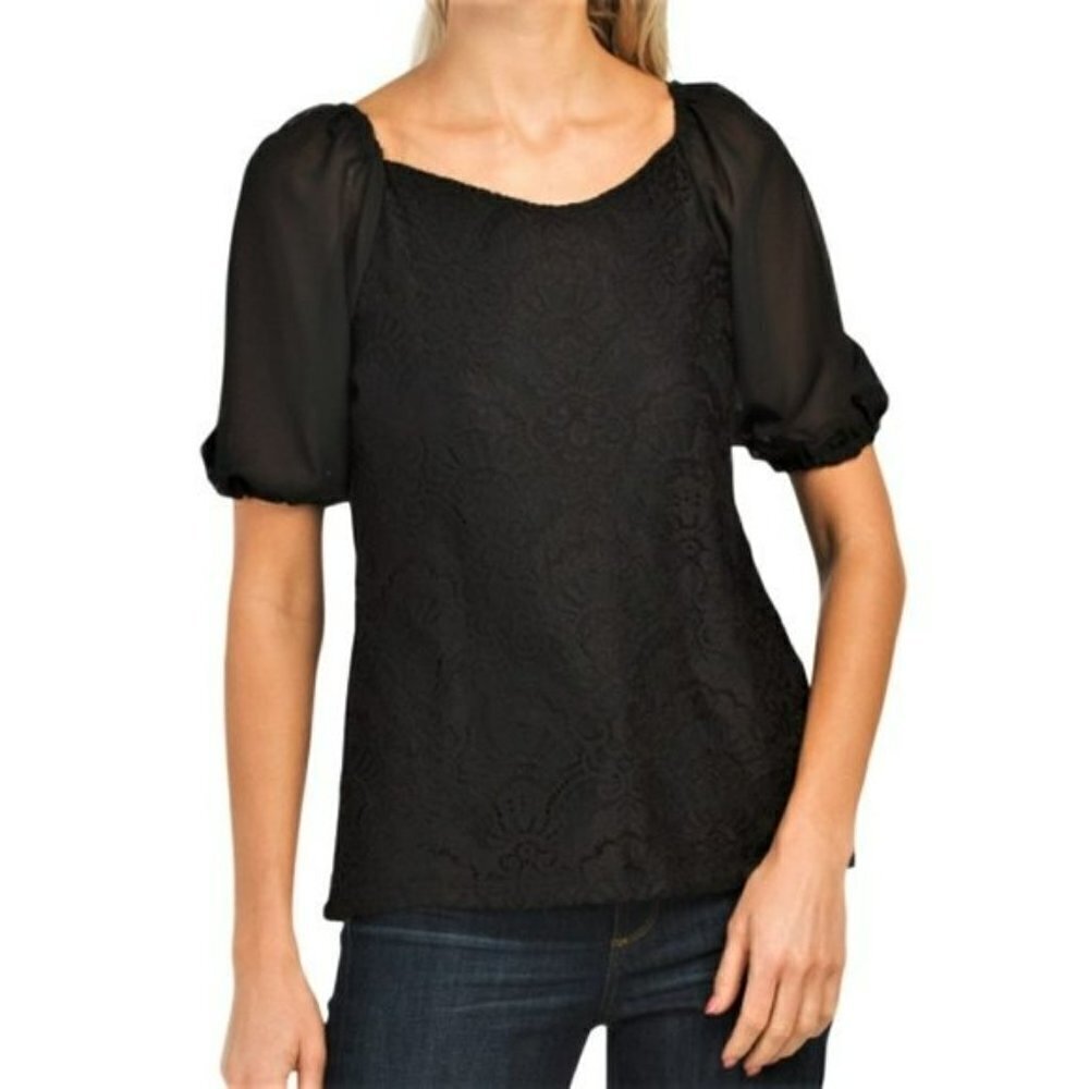 NWT BY DESIGN Sheer Lace Overlay Stretch Puff Sleeve Sweetheart Blouse Top